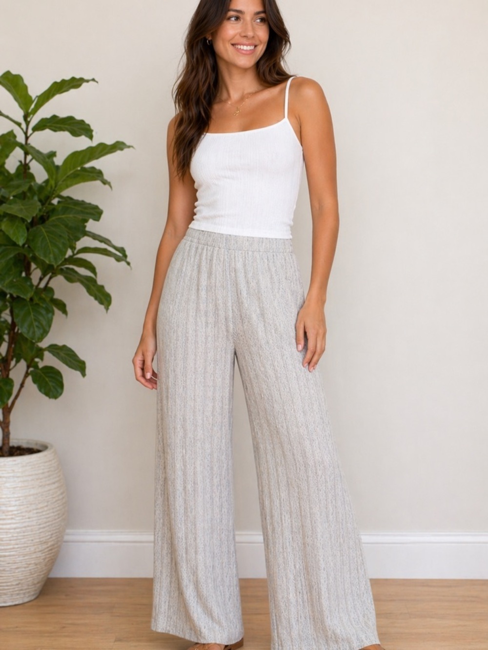 Club Monaco Neutral Wide-Leg Knit Pants in Light Grey